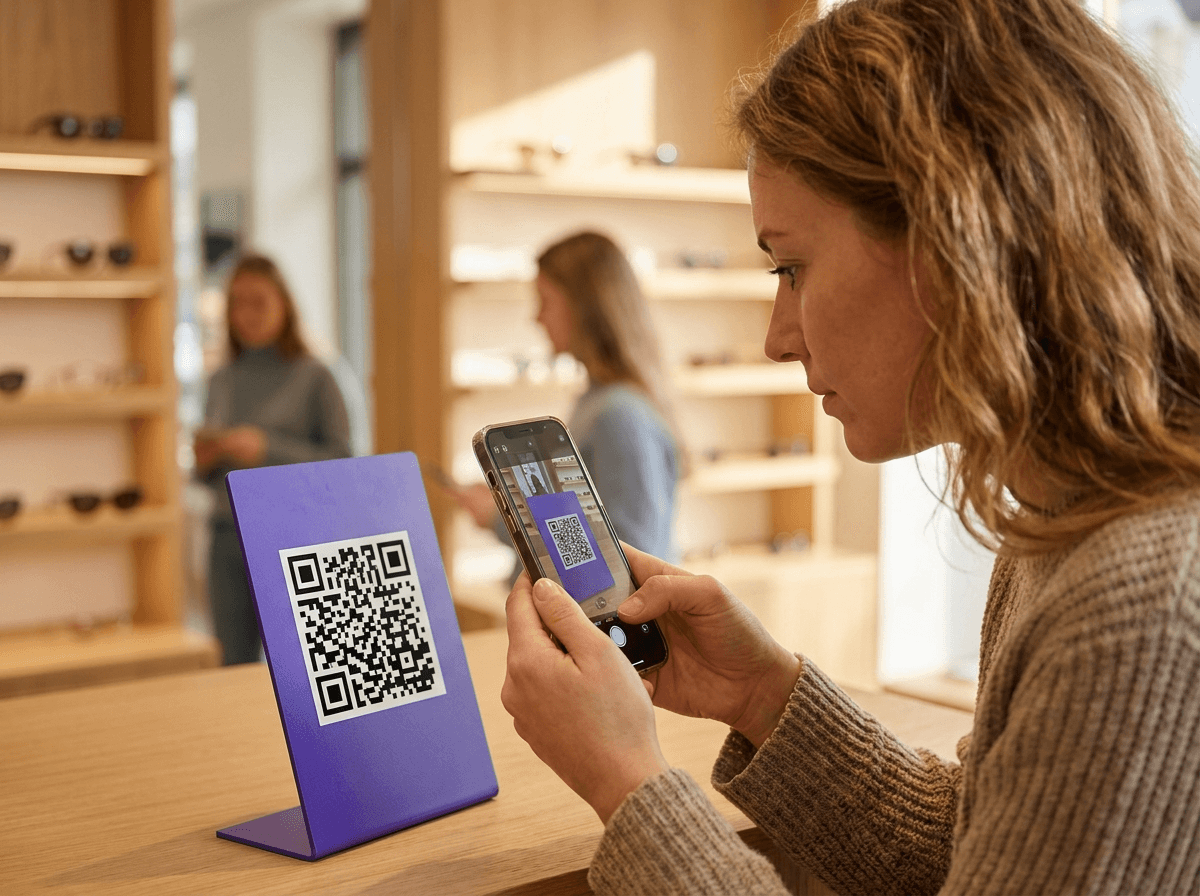 Kundin scannt fokussiert den refero-QR-Code am Tresen eines Optikers