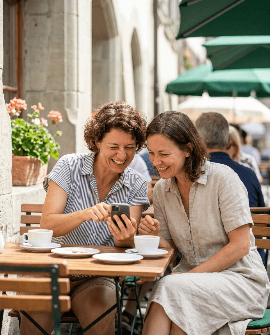 Zwei Freunde im Sommer, einer zeigt dem anderen lächelnd eine Empfehlung auf dem Smartphone
