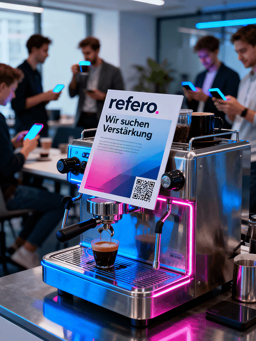 refero-Poster mit QR-Code auf einer Siebträger-Espressomaschine, Mitarbeitende im Hintergrund mit Smartphones