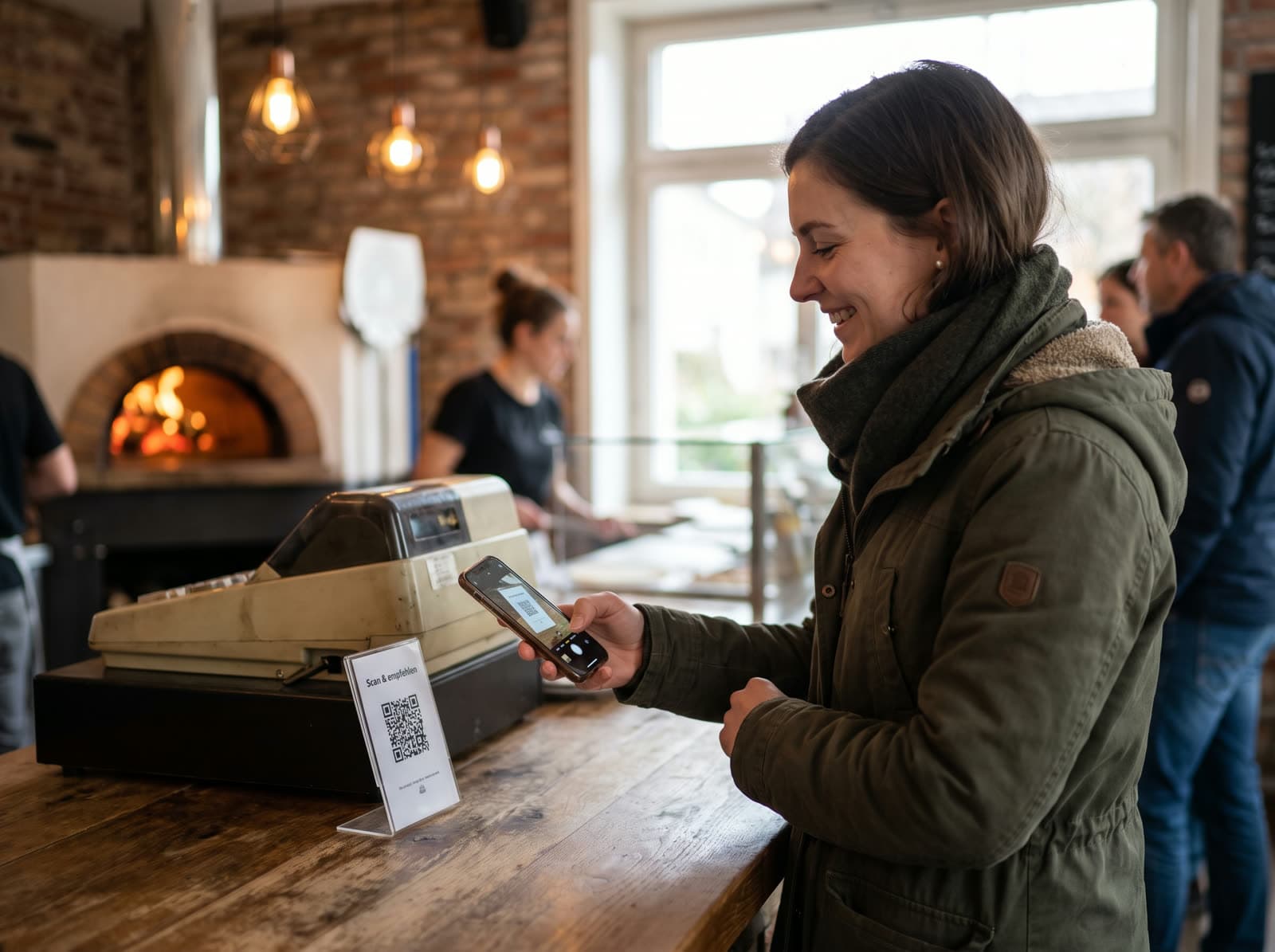 Kunde scannt einen QR-Code an der Theke, um das Geschäft zu bewerten oder weiterzuempfehlen